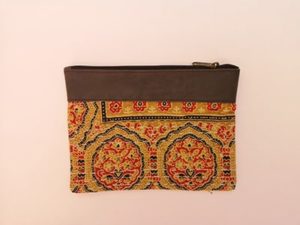 Pochette tissu & similicuir, orange, moyen format